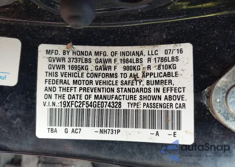 2016 Honda Civic Lx из США, поврежденный, VIN 19XFC2F54GE074328